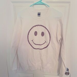 Boutique White Crew Neck Sweatshirt With Leopard Smiley Face